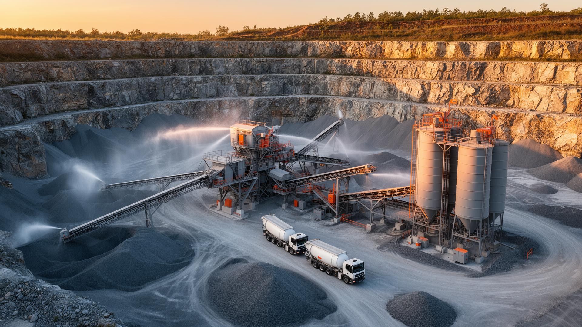 SMK Group quarry command center with crusher, silos, aggregate stockpiles and fleet vehicles